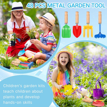 12 Pcs 8" Kids Gardening Tools, Metal Beach Sandbox Digging Toys with Wooden Handle, Including Shovel, Rake, Fork and Trowel, Garden Sand Snow Tools for Children Gift Outdoor Gardening