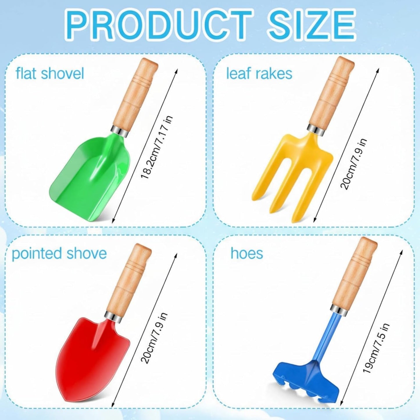 12 Pcs 8" Kids Gardening Tools, Metal Beach Sandbox Digging Toys with Wooden Handle, Including Shovel, Rake, Fork and Trowel, Garden Sand Snow Tools for Children Gift Outdoor Gardening