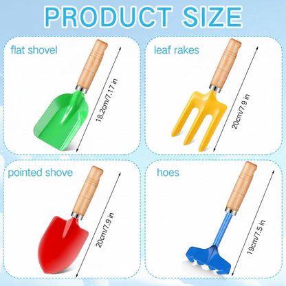 12 Pcs 8" Kids Gardening Tools, Metal Beach Sandbox Digging Toys with Wooden Handle, Including Shovel, Rake, Fork and Trowel, Garden Sand Snow Tools for Children Gift Outdoor Gardening