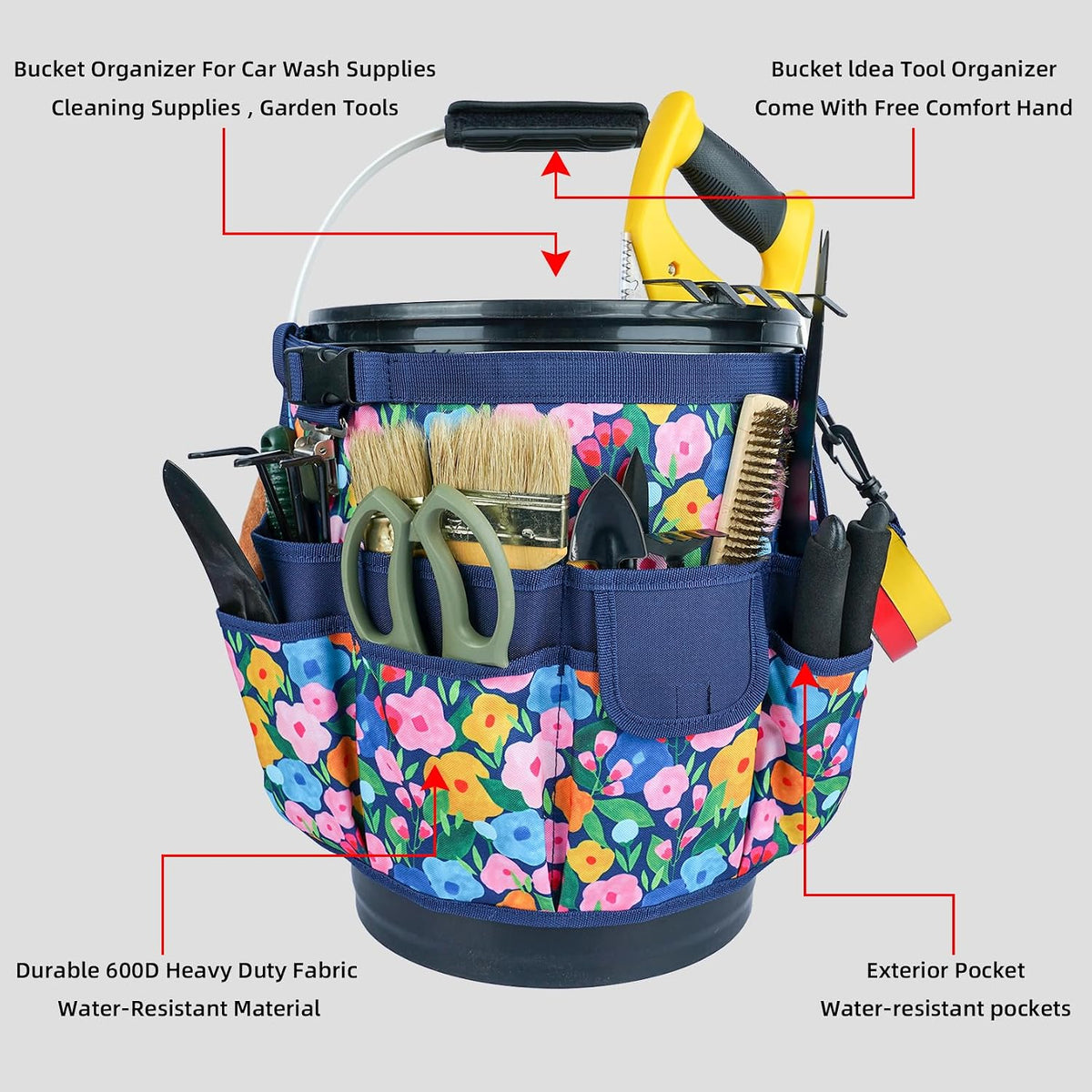MELOTOUGH Bucket Caddy Organizer Bucket Tool Organizer for Garden Tools Fit 3.5 to 5 Gallon Bucket (Flower)