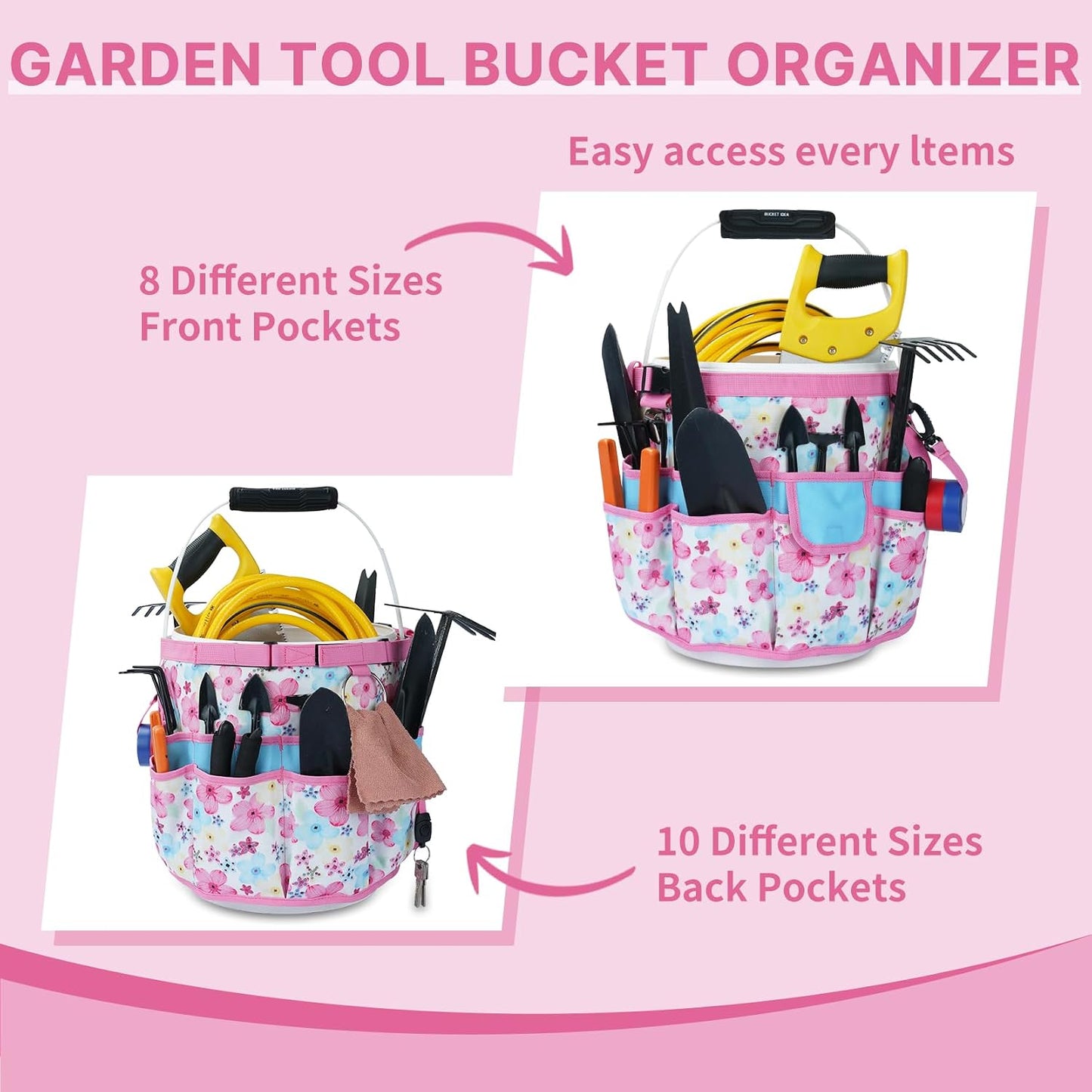 MELOTOUGH Bucket Caddy Organizer Bucket Tool Organizer for Garden Tools Fit 3.5 to 5 Gallon Bucket (Flower)