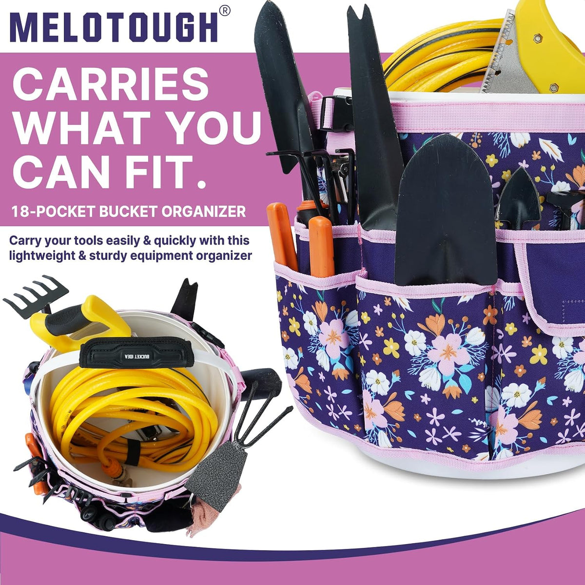 MELOTOUGH Bucket Caddy Organizer Bucket Tool Organizer for Garden Tools Fit 3.5 to 5 Gallon Bucket (Flower)