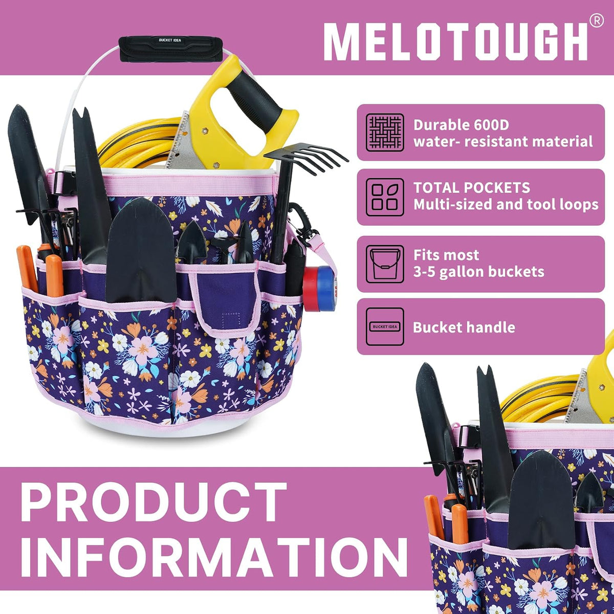 MELOTOUGH Bucket Caddy Organizer Bucket Tool Organizer for Garden Tools Fit 3.5 to 5 Gallon Bucket (Flower)