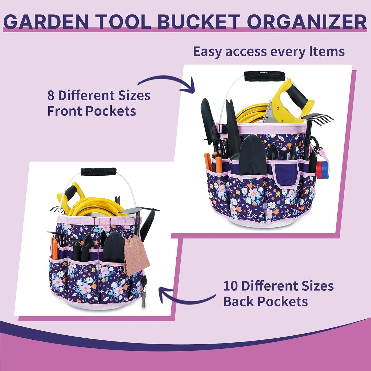 MELOTOUGH Bucket Caddy Organizer Bucket Tool Organizer for Garden Tools Fit 3.5 to 5 Gallon Bucket (Flower)