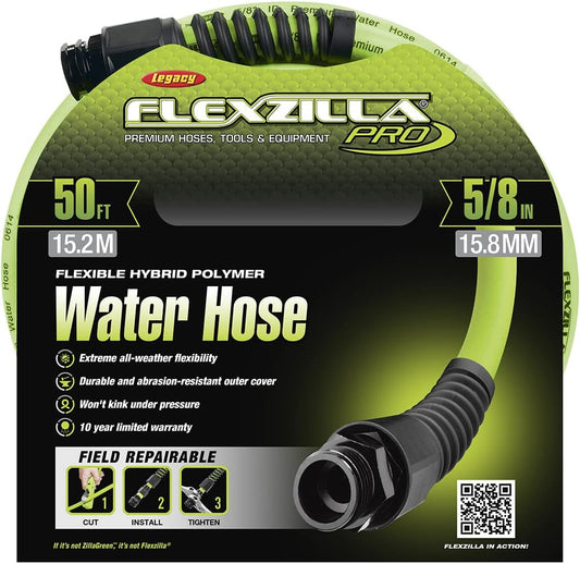 Pro Water Hose with Reusable Fittings, 5/8 in. x 50 ft., Heavy Duty, Lightweight, ZillaGreen - HFZWP550-E