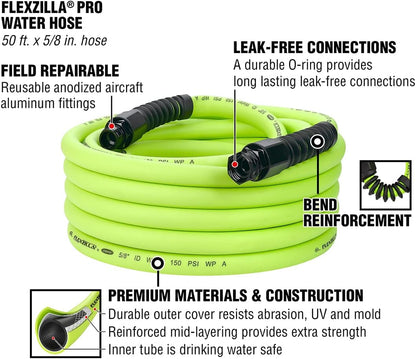 Pro Water Hose with Reusable Fittings, 5/8 in. x 50 ft., Heavy Duty, Lightweight, ZillaGreen - HFZWP550-E