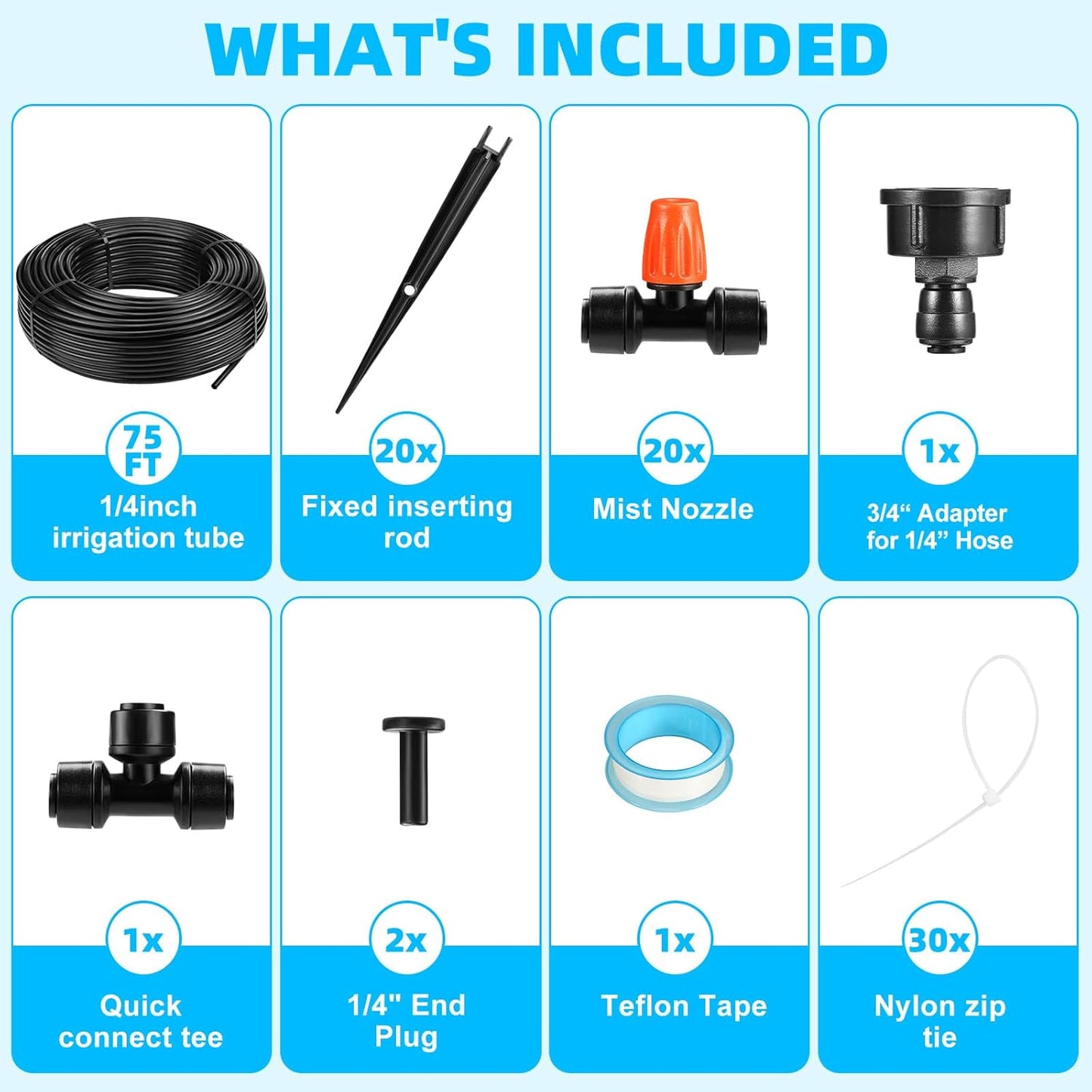 75FT Drip Irrigation System - Easy to Assemble Quick Plug Adjustable Spray Volume Garden Watering/Misting Cooling System with 1/4" Polyethylene (PE) Water Pipes for Gardens, Raised Beds, Lawns