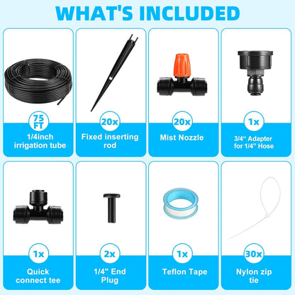 75FT Drip Irrigation System - Easy to Assemble Quick Plug Adjustable Spray Volume Garden Watering/Misting Cooling System with 1/4" Polyethylene (PE) Water Pipes for Gardens, Raised Beds, Lawns