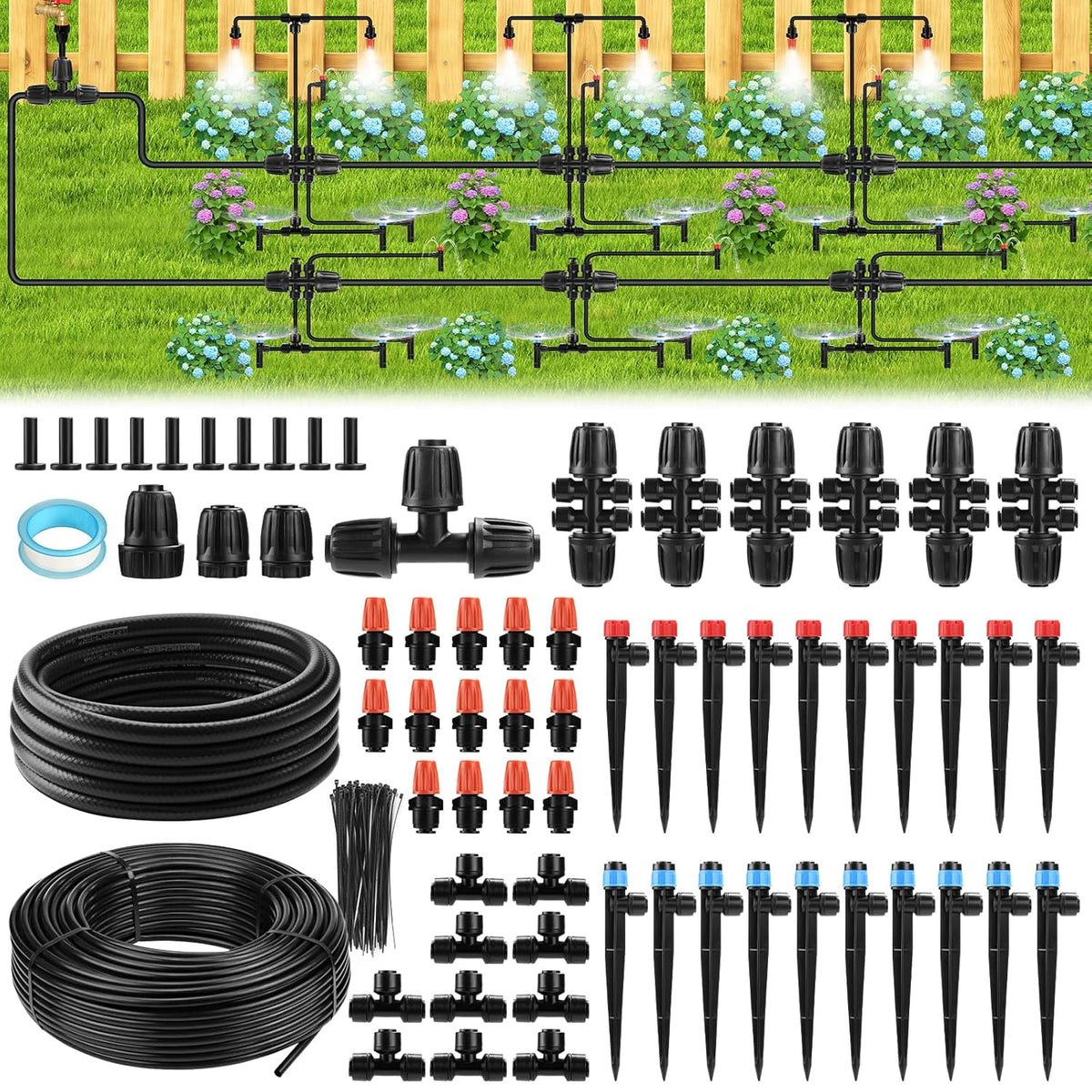 75FT Drip Irrigation System - Easy to Assemble Quick Plug Adjustable Spray Volume Garden Watering/Misting Cooling System with 1/4" Polyethylene (PE) Water Pipes for Gardens, Raised Beds, Lawns