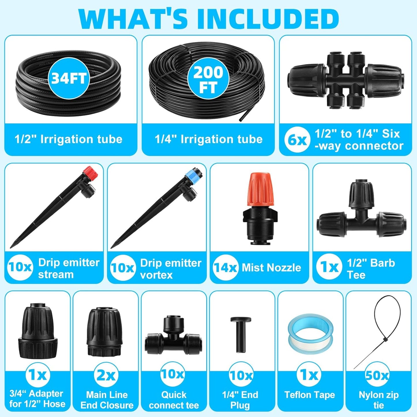 75FT Drip Irrigation System - Easy to Assemble Quick Plug Adjustable Spray Volume Garden Watering/Misting Cooling System with 1/4" Polyethylene (PE) Water Pipes for Gardens, Raised Beds, Lawns