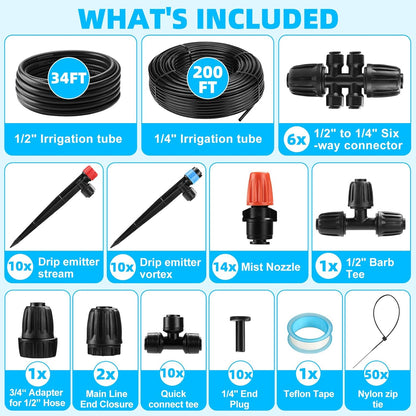 75FT Drip Irrigation System - Easy to Assemble Quick Plug Adjustable Spray Volume Garden Watering/Misting Cooling System with 1/4" Polyethylene (PE) Water Pipes for Gardens, Raised Beds, Lawns