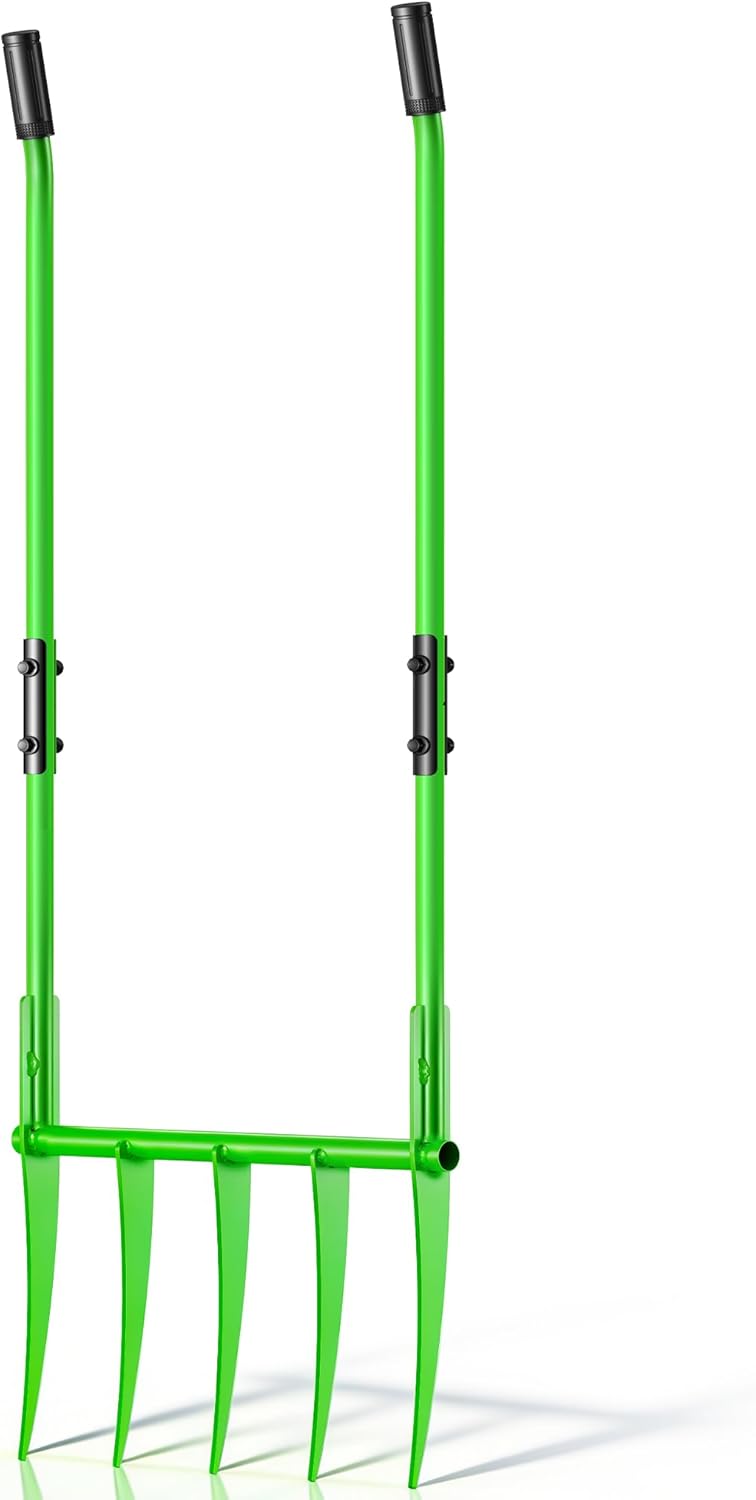 56'' Heavy Duty Broadfork for All the Soils, Detachable Pitchfork, 5 Sharp Cambered 11'' Tines Bord Fork Garden Tool, Ergonomic Handles, Good Package, Easy Assembly, Cultivator & Tiller, Green.