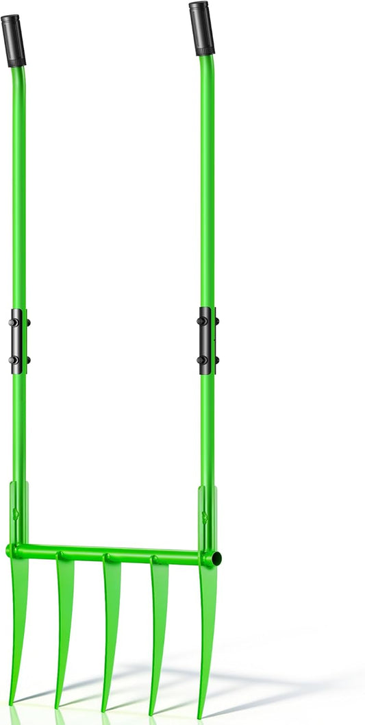 56'' Heavy Duty Broadfork for All the Soils, Detachable Pitchfork, 5 Sharp Cambered 11'' Tines Bord Fork Garden Tool, Ergonomic Handles, Good Package, Easy Assembly, Cultivator & Tiller, Green.