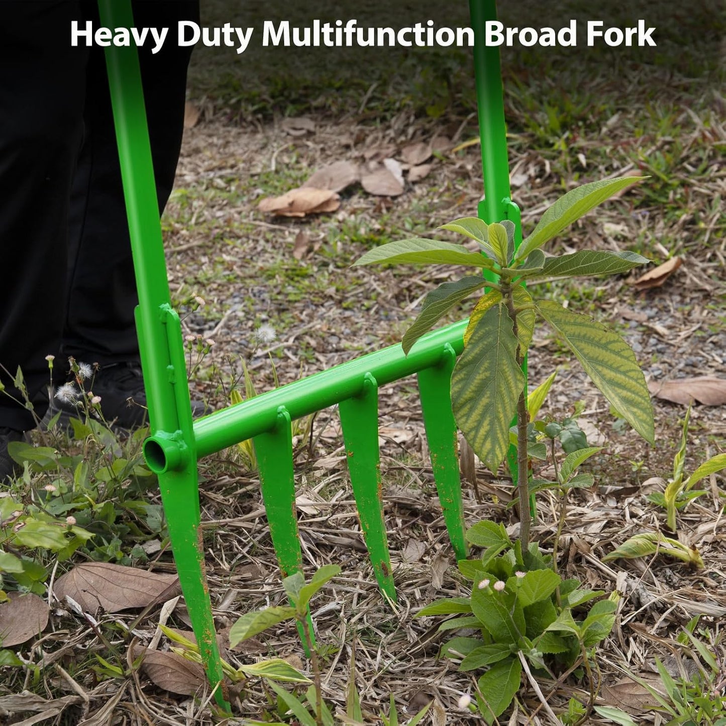 56'' Heavy Duty Broadfork for All the Soils, Detachable Pitchfork, 5 Sharp Cambered 11'' Tines Bord Fork Garden Tool, Ergonomic Handles, Good Package, Easy Assembly, Cultivator & Tiller, Green.