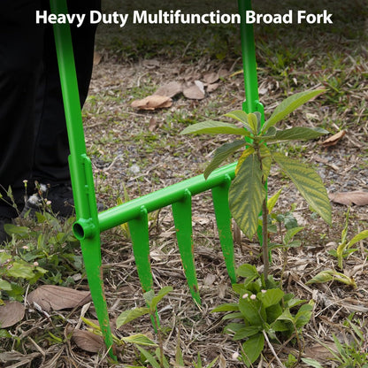 56'' Heavy Duty Broadfork for All the Soils, Detachable Pitchfork, 5 Sharp Cambered 11'' Tines Bord Fork Garden Tool, Ergonomic Handles, Good Package, Easy Assembly, Cultivator & Tiller, Green.