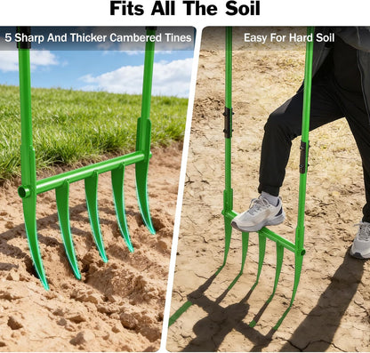 56'' Heavy Duty Broadfork for All the Soils, Detachable Pitchfork, 5 Sharp Cambered 11'' Tines Bord Fork Garden Tool, Ergonomic Handles, Good Package, Easy Assembly, Cultivator & Tiller, Green.