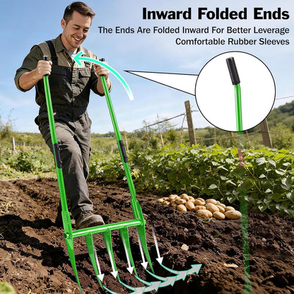 56'' Heavy Duty Broadfork for All the Soils, Detachable Pitchfork, 5 Sharp Cambered 11'' Tines Bord Fork Garden Tool, Ergonomic Handles, Good Package, Easy Assembly, Cultivator & Tiller, Green.