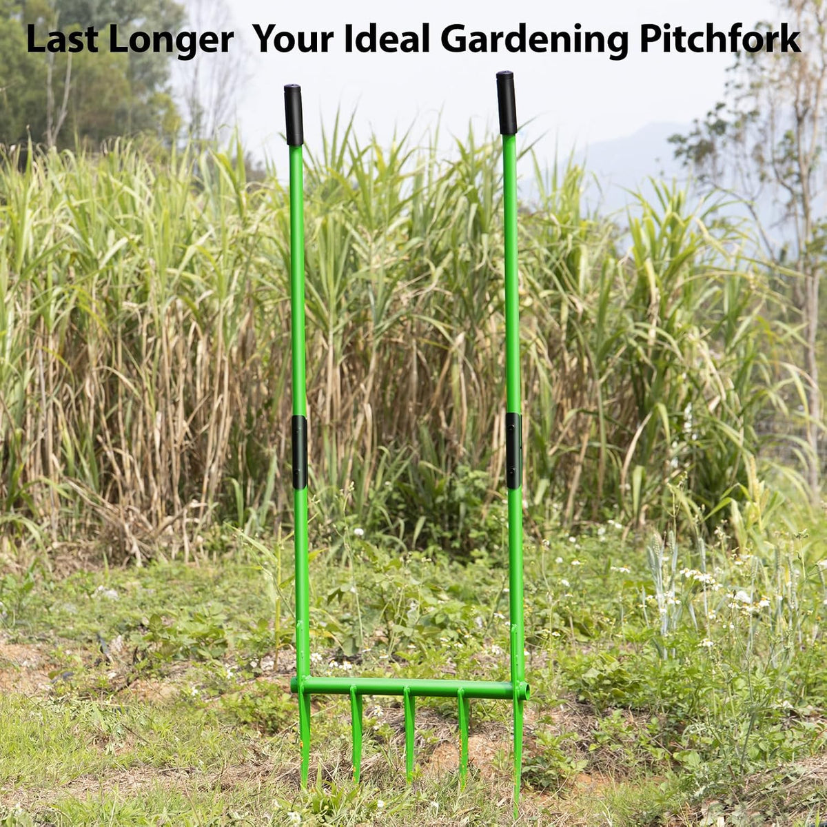 56'' Heavy Duty Broadfork for All the Soils, Detachable Pitchfork, 5 Sharp Cambered 11'' Tines Bord Fork Garden Tool, Ergonomic Handles, Good Package, Easy Assembly, Cultivator & Tiller, Green.