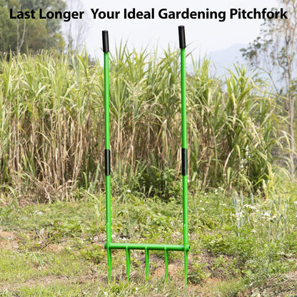 56'' Heavy Duty Broadfork for All the Soils, Detachable Pitchfork, 5 Sharp Cambered 11'' Tines Bord Fork Garden Tool, Ergonomic Handles, Good Package, Easy Assembly, Cultivator & Tiller, Green.