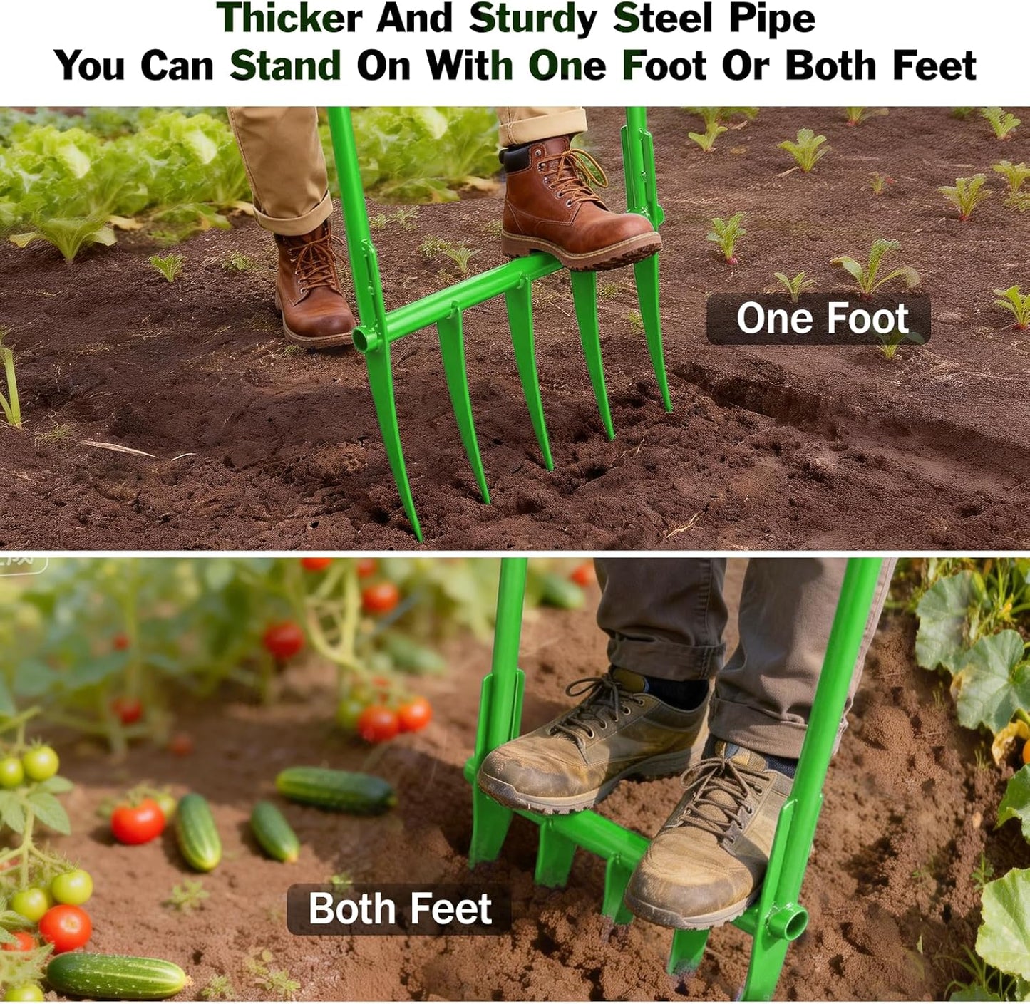 56'' Heavy Duty Broadfork for All the Soils, Detachable Pitchfork, 5 Sharp Cambered 11'' Tines Bord Fork Garden Tool, Ergonomic Handles, Good Package, Easy Assembly, Cultivator & Tiller, Green.
