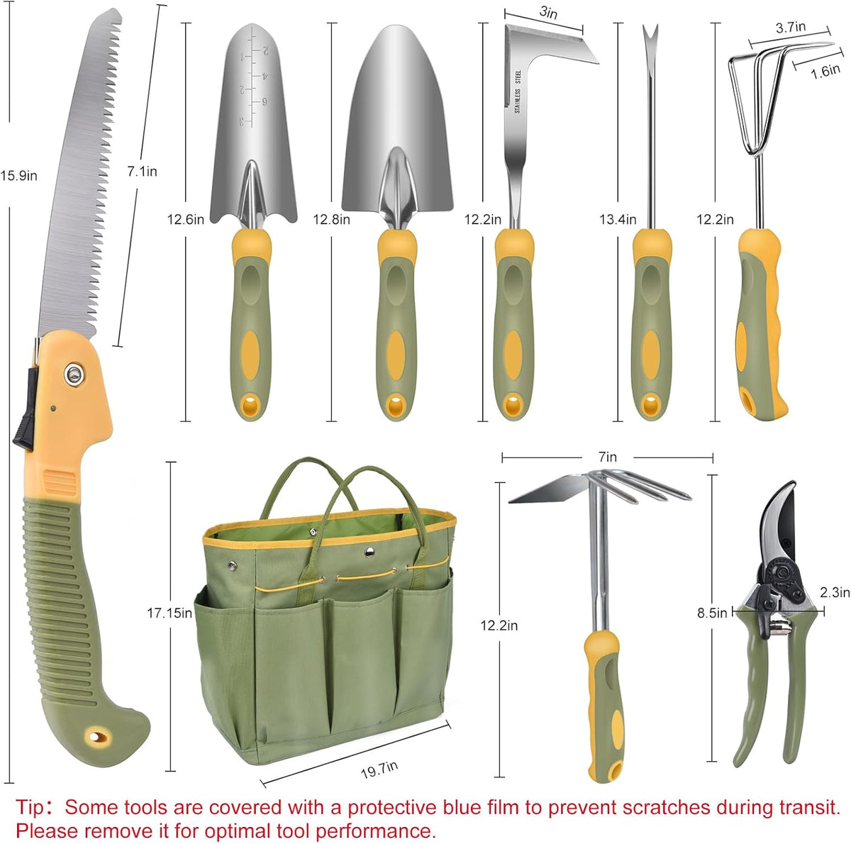 WisaKey 9 Piece Gardening Tools Heavy Duty Garden Tools Set Handbag Green