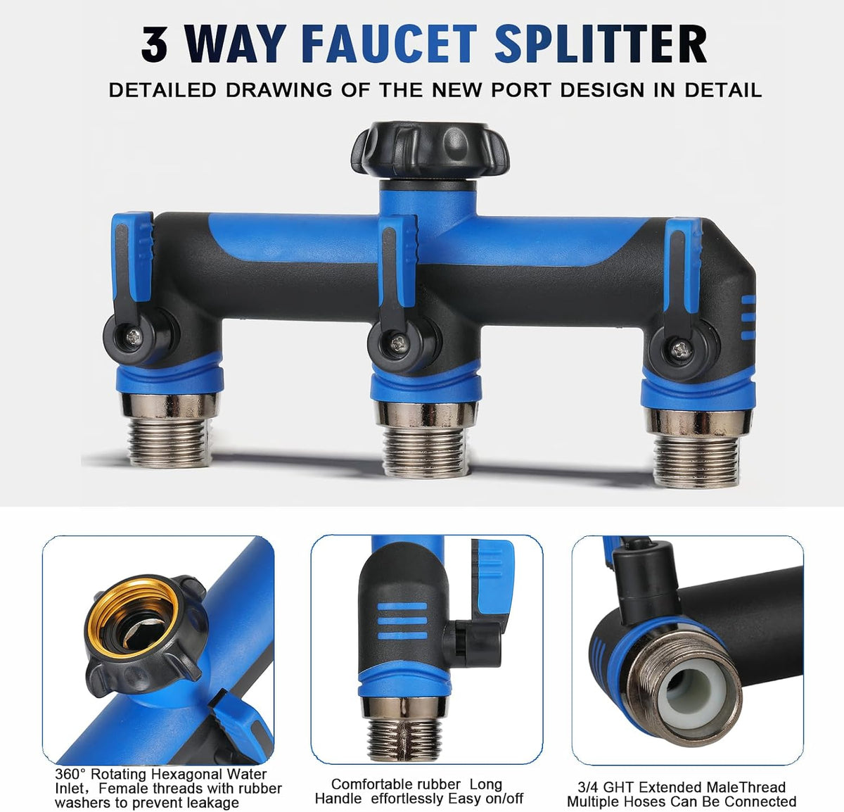 Garden Hose Splitter, 3 Way Water hose bib Spigot splitter, T Hose Connector- with Shutoff Valves Water Adapter，Outdoor Faucet Splitter 3/4" GHT Thread， For Home Outdoor Garden irrigation（ blue）