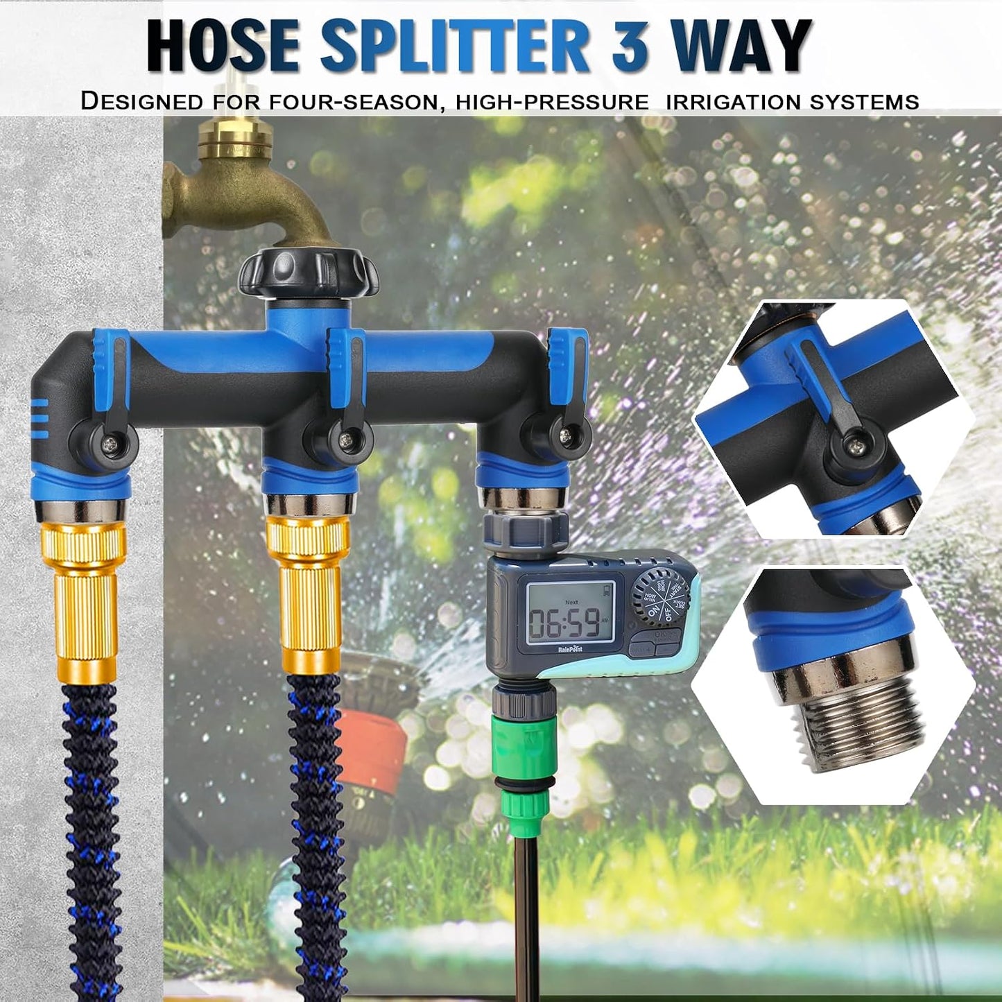 Garden Hose Splitter, 3 Way Water hose bib Spigot splitter, T Hose Connector- with Shutoff Valves Water Adapter，Outdoor Faucet Splitter 3/4" GHT Thread， For Home Outdoor Garden irrigation（ blue）