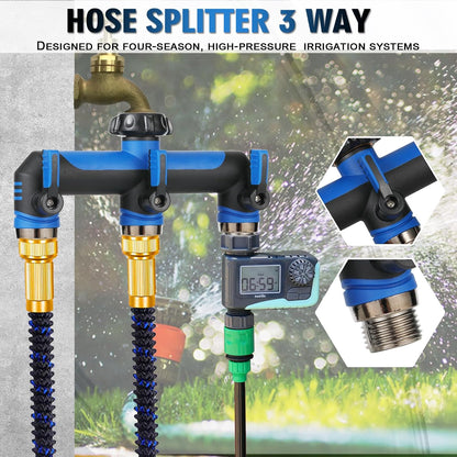 Garden Hose Splitter, 3 Way Water hose bib Spigot splitter, T Hose Connector- with Shutoff Valves Water Adapter，Outdoor Faucet Splitter 3/4" GHT Thread， For Home Outdoor Garden irrigation（ blue）