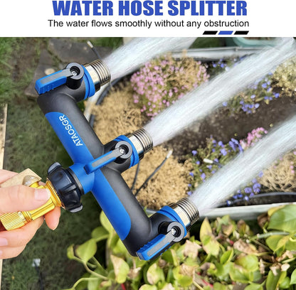 Garden Hose Splitter, 3 Way Water hose bib Spigot splitter, T Hose Connector- with Shutoff Valves Water Adapter，Outdoor Faucet Splitter 3/4" GHT Thread， For Home Outdoor Garden irrigation（ blue）