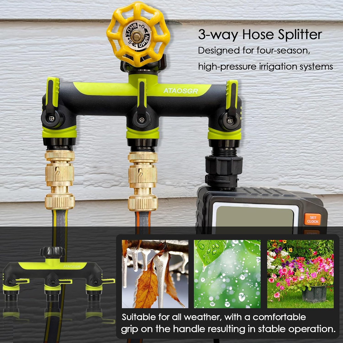 Garden Hose Splitter, 3 Way Water hose bib Spigot splitter, T Hose Connector- with Shutoff Valves Water Adapter，Outdoor Faucet Splitter 3/4" GHT Thread， For Home Outdoor Garden irrigation（ blue）