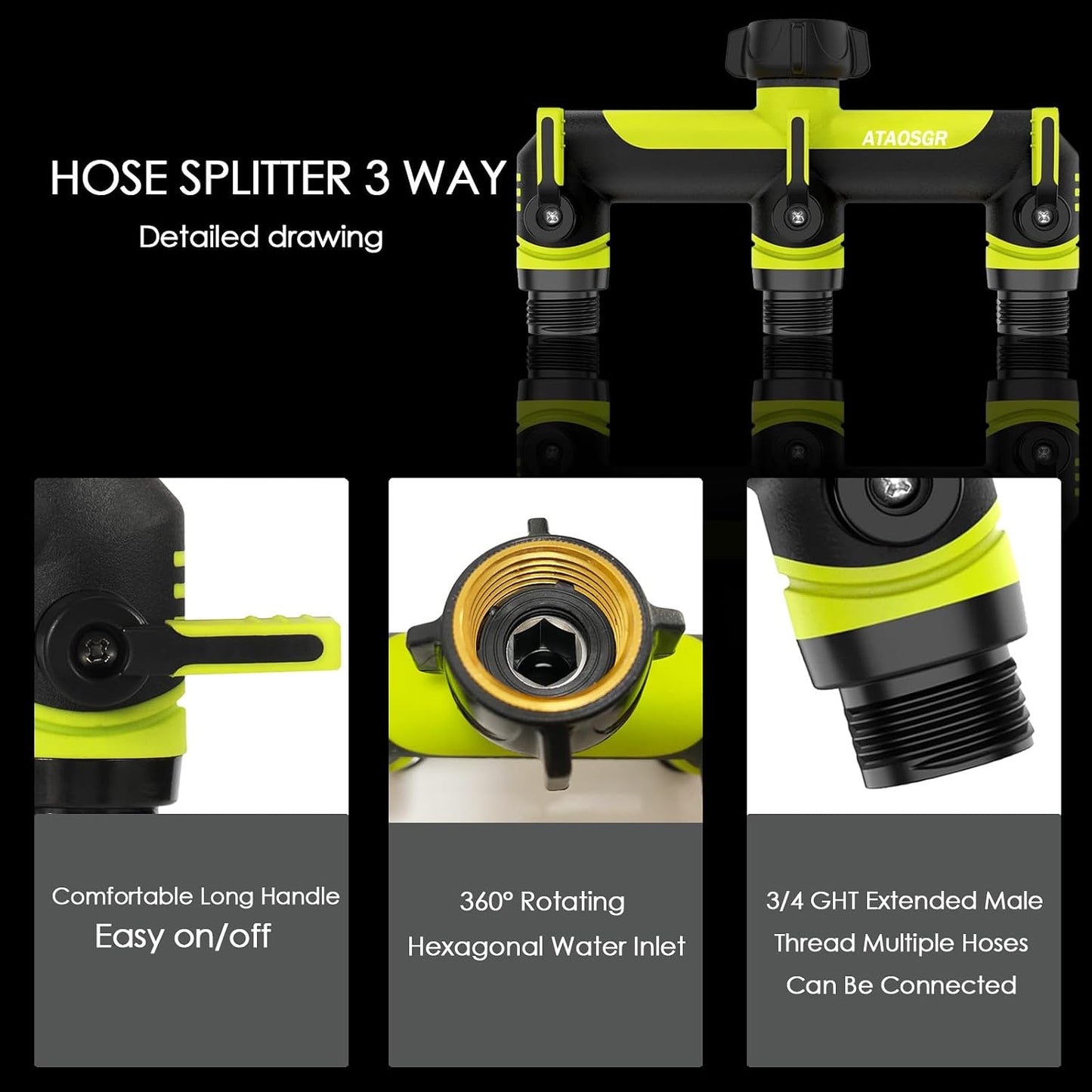 Garden Hose Splitter, 3 Way Water hose bib Spigot splitter, T Hose Connector- with Shutoff Valves Water Adapter，Outdoor Faucet Splitter 3/4" GHT Thread， For Home Outdoor Garden irrigation（ blue）