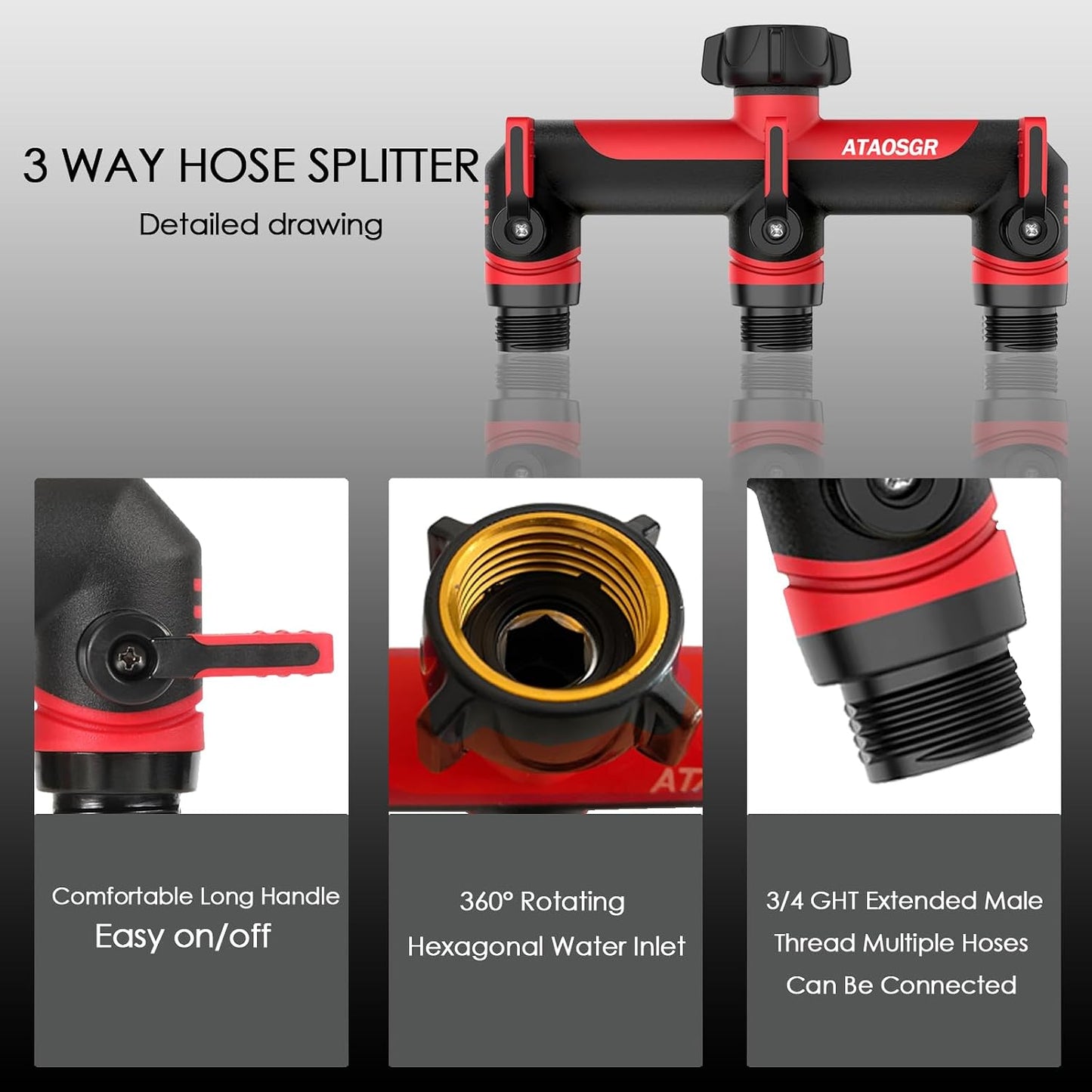 Garden Hose Splitter, 3 Way Water hose bib Spigot splitter, T Hose Connector- with Shutoff Valves Water Adapter，Outdoor Faucet Splitter 3/4" GHT Thread， For Home Outdoor Garden irrigation（ blue）
