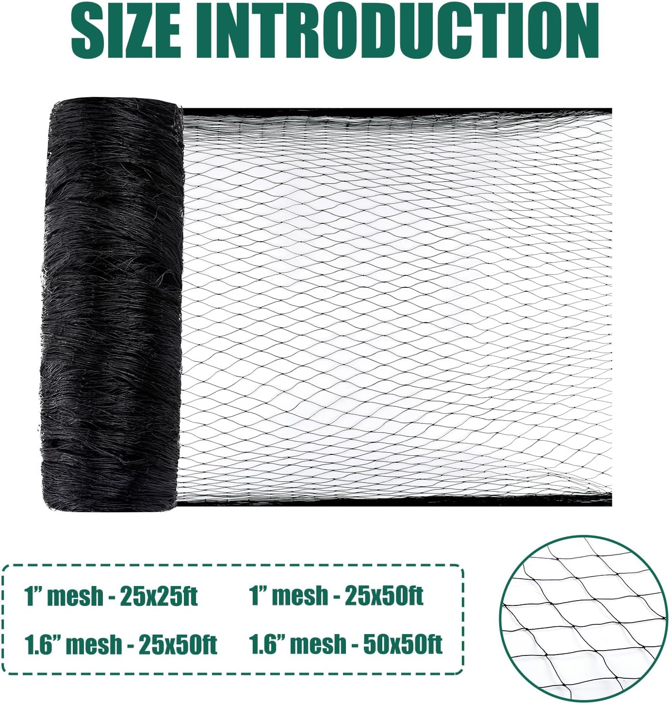 25x50ft Heavy Duty Bird Netting, 1" Mesh for Garden Fruit Trees