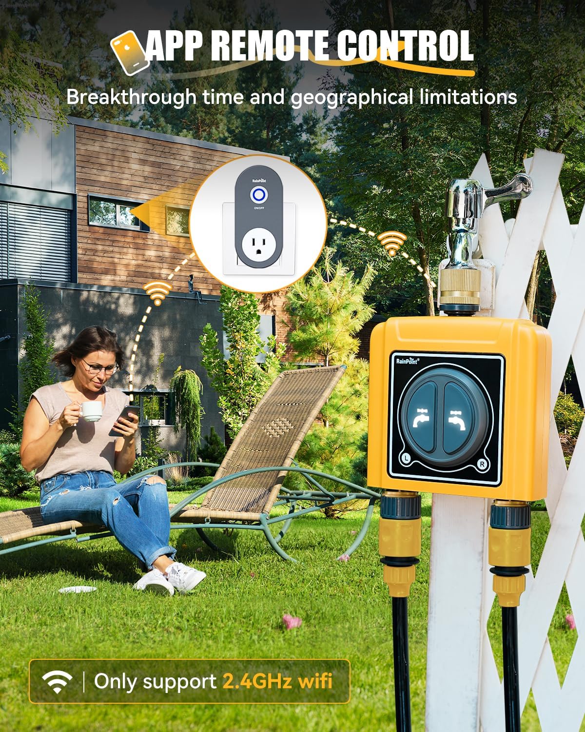 WiFi Water Timer with Brass Inlet & Outlet，2 Zone WiFi Hose Timer for Lawn,WiFi Sprinkler Controller via APP/Voice Control,Automatic Watering System by Time/Weather/Quantity/Soil Moisture