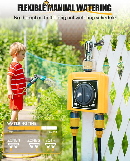 WiFi Water Timer with Brass Inlet & Outlet，2 Zone WiFi Hose Timer for Lawn,WiFi Sprinkler Controller via APP/Voice Control,Automatic Watering System by Time/Weather/Quantity/Soil Moisture