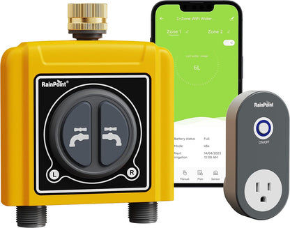 WiFi Water Timer with Brass Inlet & Outlet，2 Zone WiFi Hose Timer for Lawn,WiFi Sprinkler Controller via APP/Voice Control,Automatic Watering System by Time/Weather/Quantity/Soil Moisture