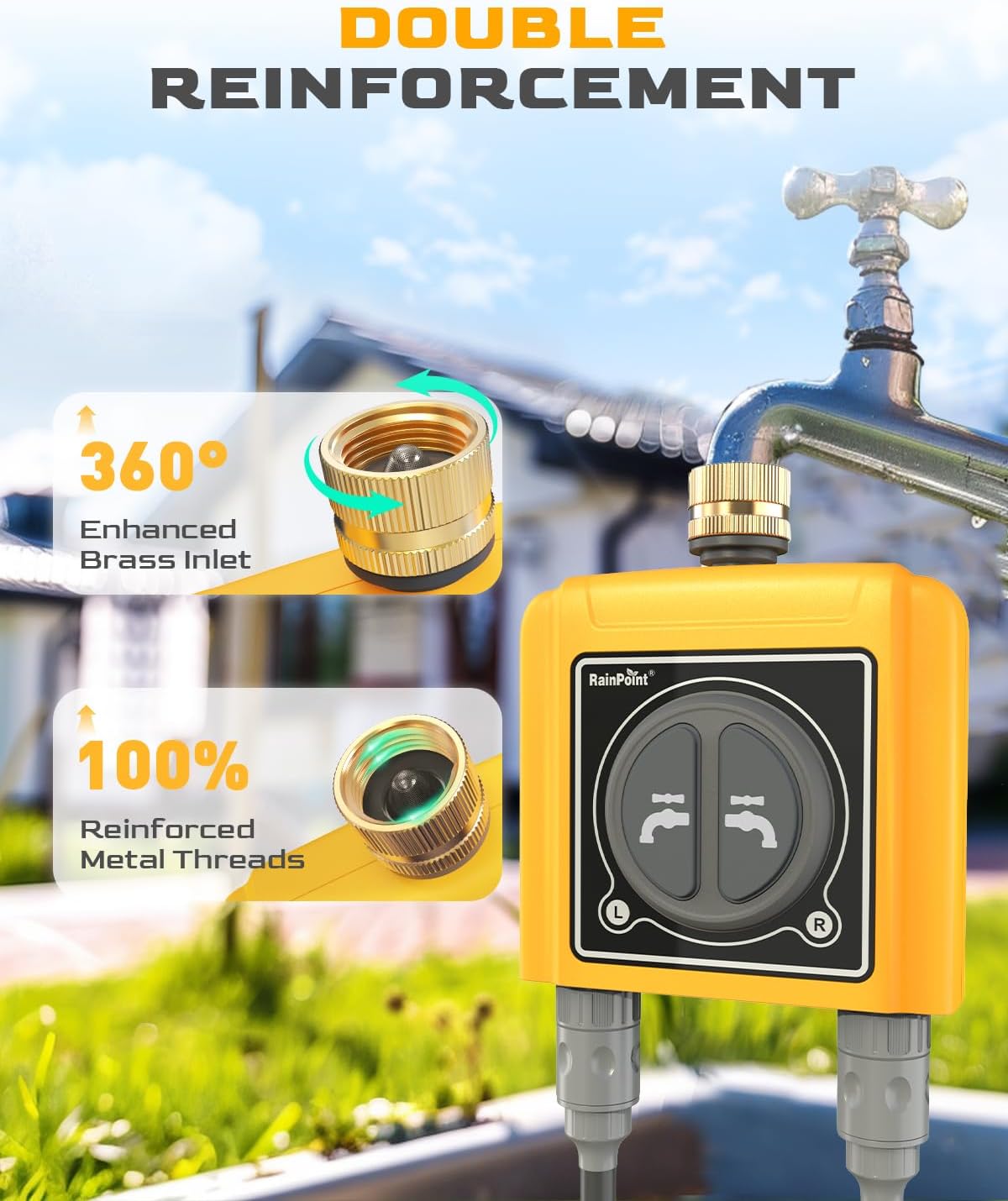 WiFi Water Timer with Brass Inlet & Outlet，2 Zone WiFi Hose Timer for Lawn,WiFi Sprinkler Controller via APP/Voice Control,Automatic Watering System by Time/Weather/Quantity/Soil Moisture
