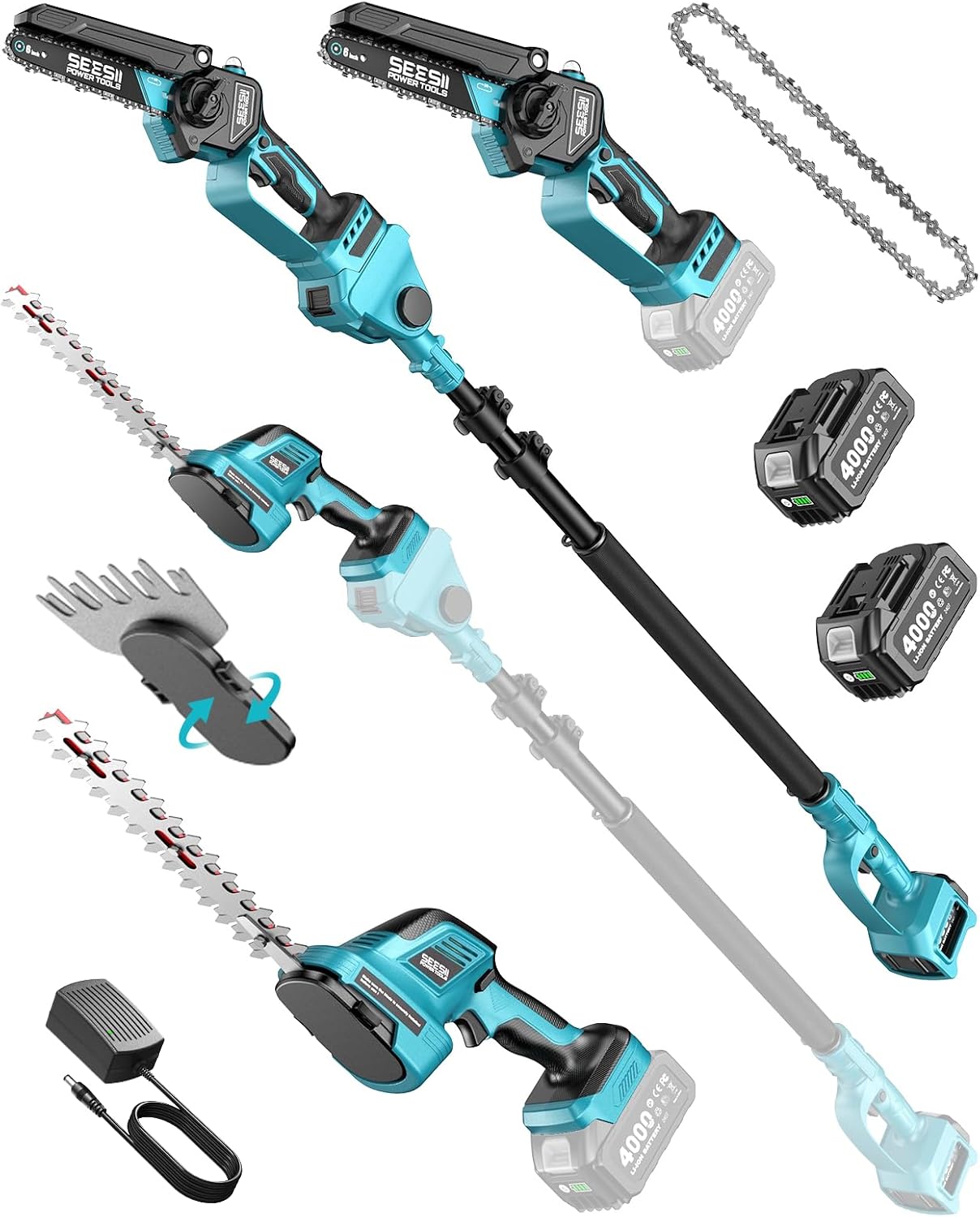 6-in-1 Cordless Pole Saw & Hedge Trimmer Combo, Brushless Motor