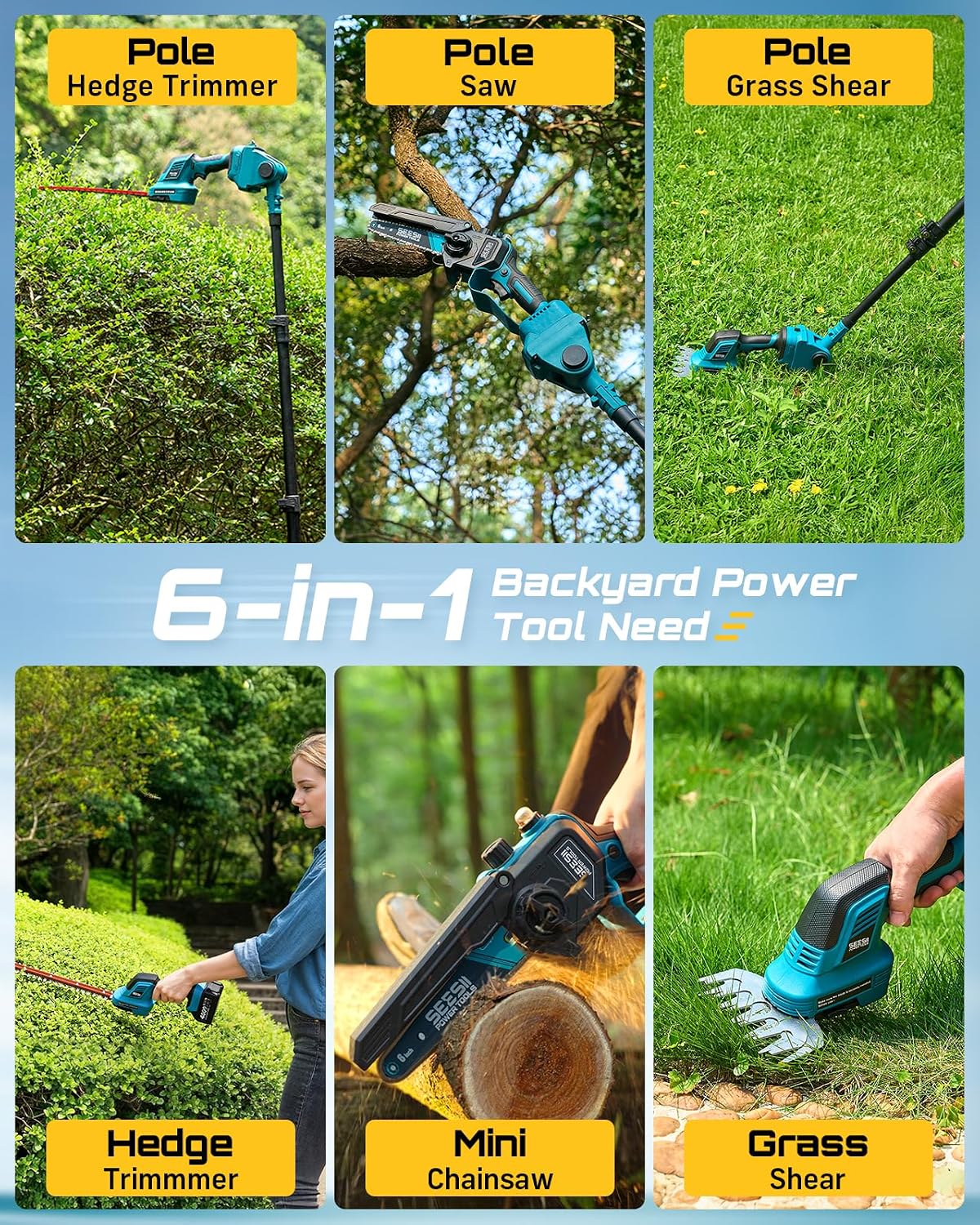 6-in-1 Cordless Pole Saw & Hedge Trimmer Combo, Brushless Motor