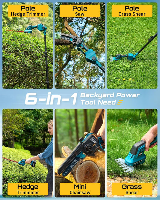 6-in-1 Cordless Pole Saw & Hedge Trimmer Combo, Brushless Motor