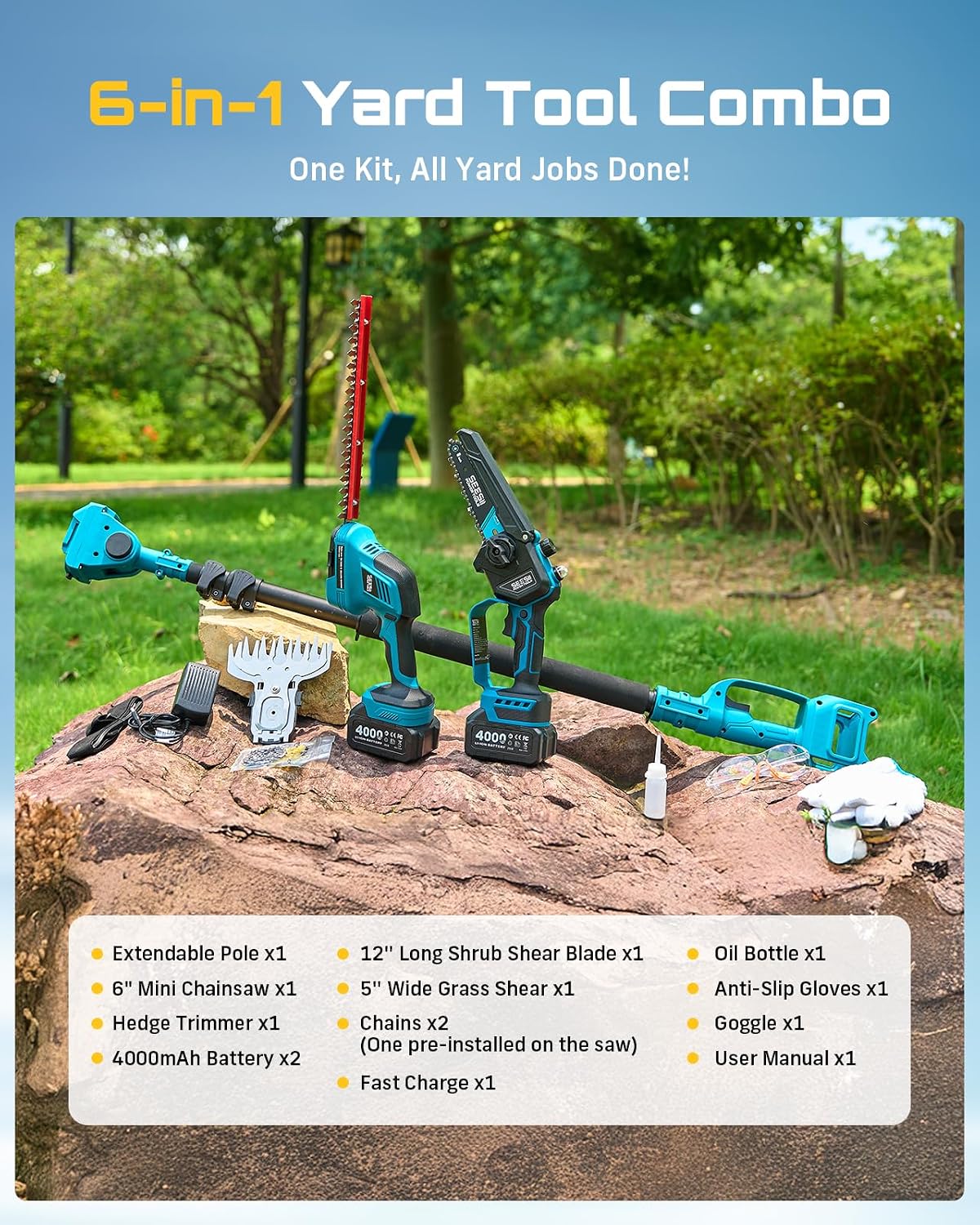 6-in-1 Cordless Pole Saw & Hedge Trimmer Combo, Brushless Motor