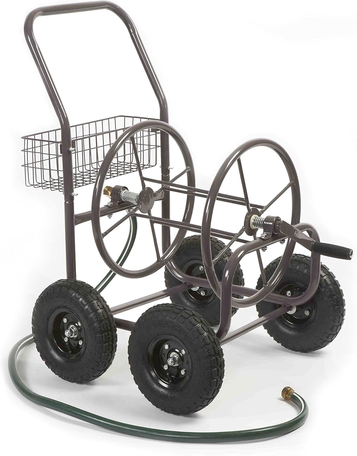 Liberty Garden Residential Grade Four Wheel 250 Foot Capacity Steel Frame Water Hose Reel Cart with Basket for Backyard, Garden, or Home, Brown, Bronze