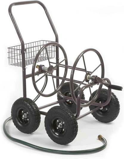 Liberty Garden Residential Grade Four Wheel 250 Foot Capacity Steel Frame Water Hose Reel Cart with Basket for Backyard, Garden, or Home, Brown, Bronze