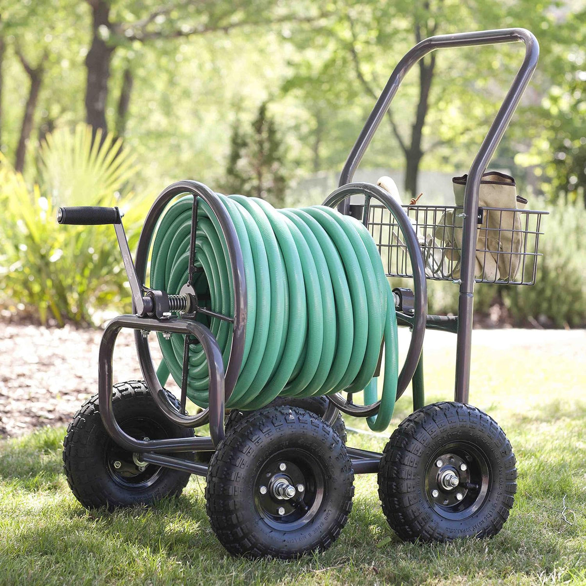 Liberty Garden Residential Grade Four Wheel 250 Foot Capacity Steel Frame Water Hose Reel Cart with Basket for Backyard, Garden, or Home, Brown, Bronze