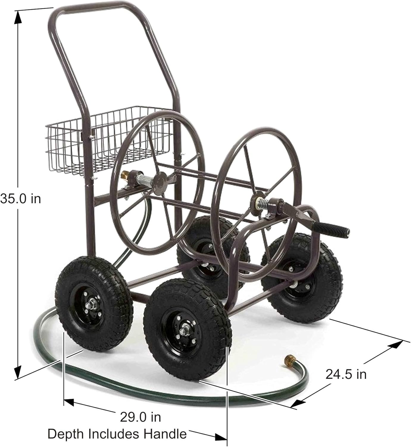Liberty Garden Residential Grade Four Wheel 250 Foot Capacity Steel Frame Water Hose Reel Cart with Basket for Backyard, Garden, or Home, Brown, Bronze