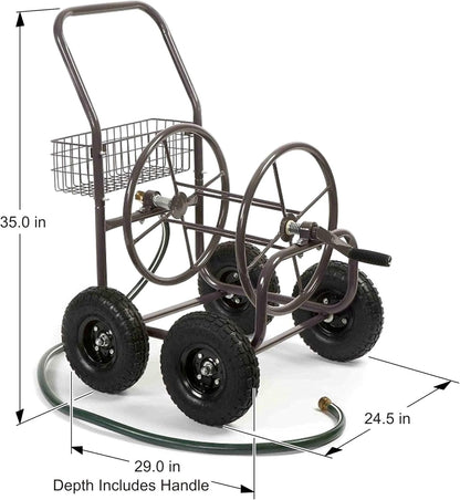 Liberty Garden Residential Grade Four Wheel 250 Foot Capacity Steel Frame Water Hose Reel Cart with Basket for Backyard, Garden, or Home, Brown, Bronze