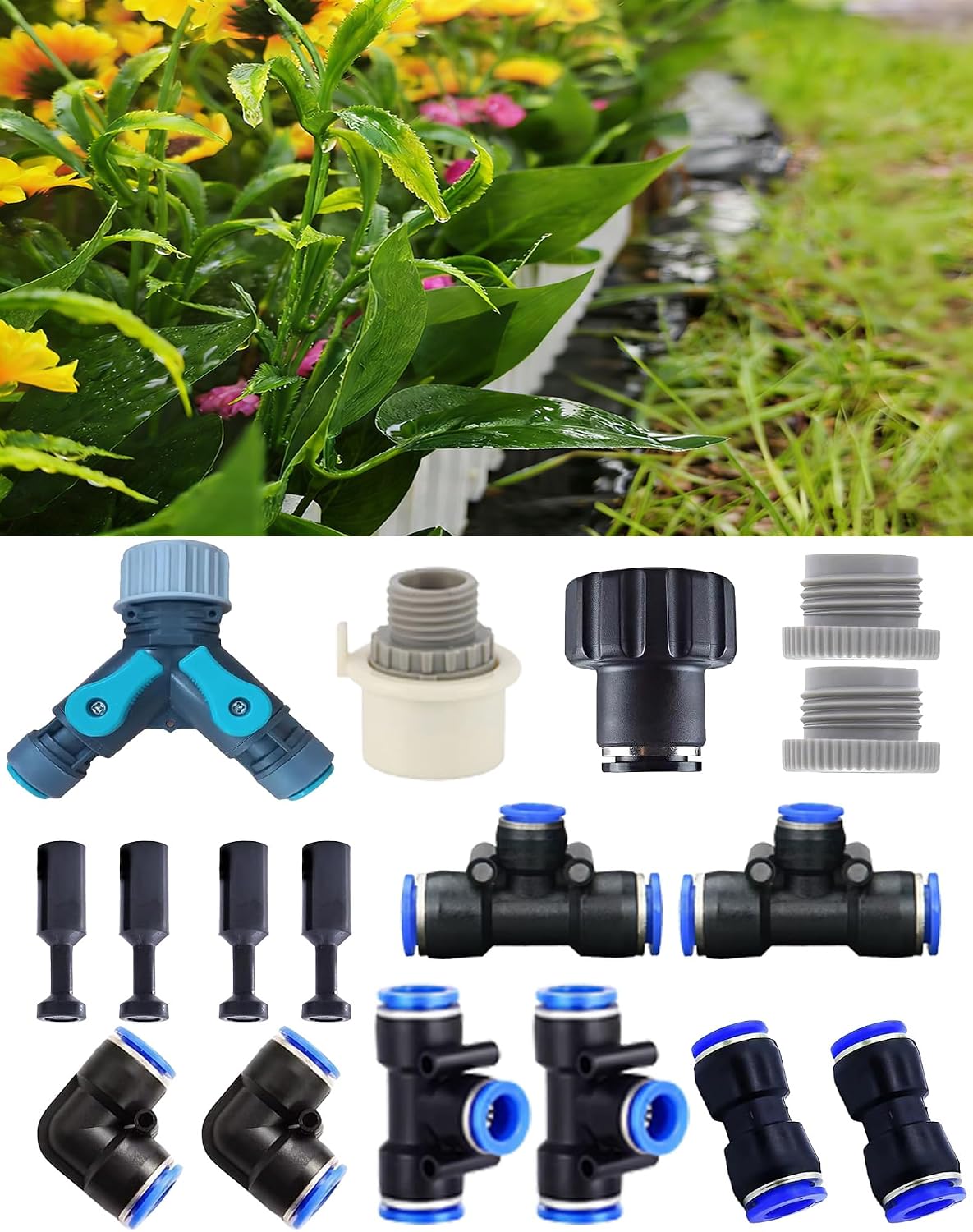 17-Piece Drip Irrigation Fitting Kit with Y-Splitter,Universal Connector & Quick Connector, Includes Elbows, Tees, Stoppers,Easy DIY Garden Watering System (17-Piece Drip Irrigation Fitting Kit)