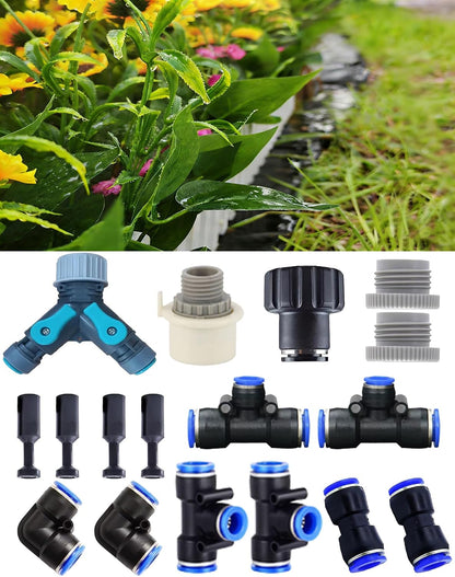 17-Piece Drip Irrigation Fitting Kit with Y-Splitter,Universal Connector & Quick Connector, Includes Elbows, Tees, Stoppers,Easy DIY Garden Watering System (17-Piece Drip Irrigation Fitting Kit)