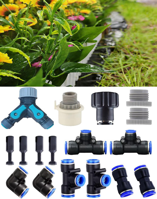 17-Piece Drip Irrigation Fitting Kit with Y-Splitter,Universal Connector & Quick Connector, Includes Elbows, Tees, Stoppers,Easy DIY Garden Watering System (17-Piece Drip Irrigation Fitting Kit)
