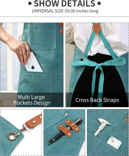Chef Apron, Cotton Canvas Gardening Apron with Large Pockets for Men and Women,Kitchen Cooking Baking Bib Heavy Duty Adjustable Garden Apron